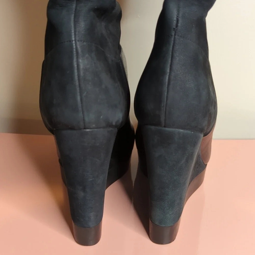 Vince Suede Nubuck Wedge Knee High Mob Wife Boots Made in Italy Black 9 US 40 EU